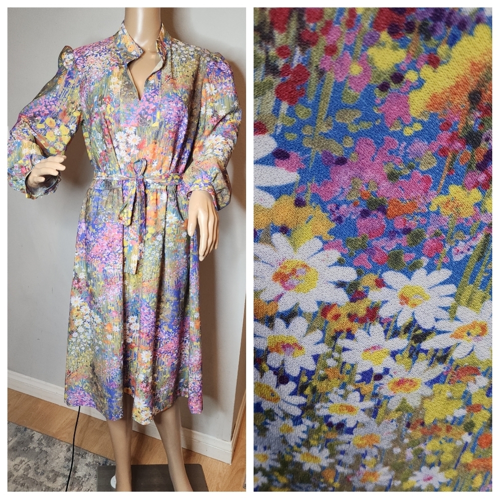 Vintage 70’s Bedford Fair Watercolor Colorful Floral Midi Dress Size 14 Stretch‎